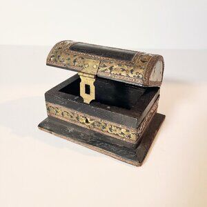 Vintage Hinged Wooden Trinket Box, Domed Lid, Brass Metal Floral Filigree